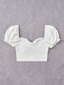 Comfortcana Summer Going Out Sweetheart Neck Frill Trim Knot Front Puff Sleeve Crop White Top - White - View 6