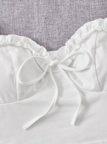 Comfortcana Summer Going Out Sweetheart Neck Frill Trim Knot Front Puff Sleeve Crop White Top - White - View 5