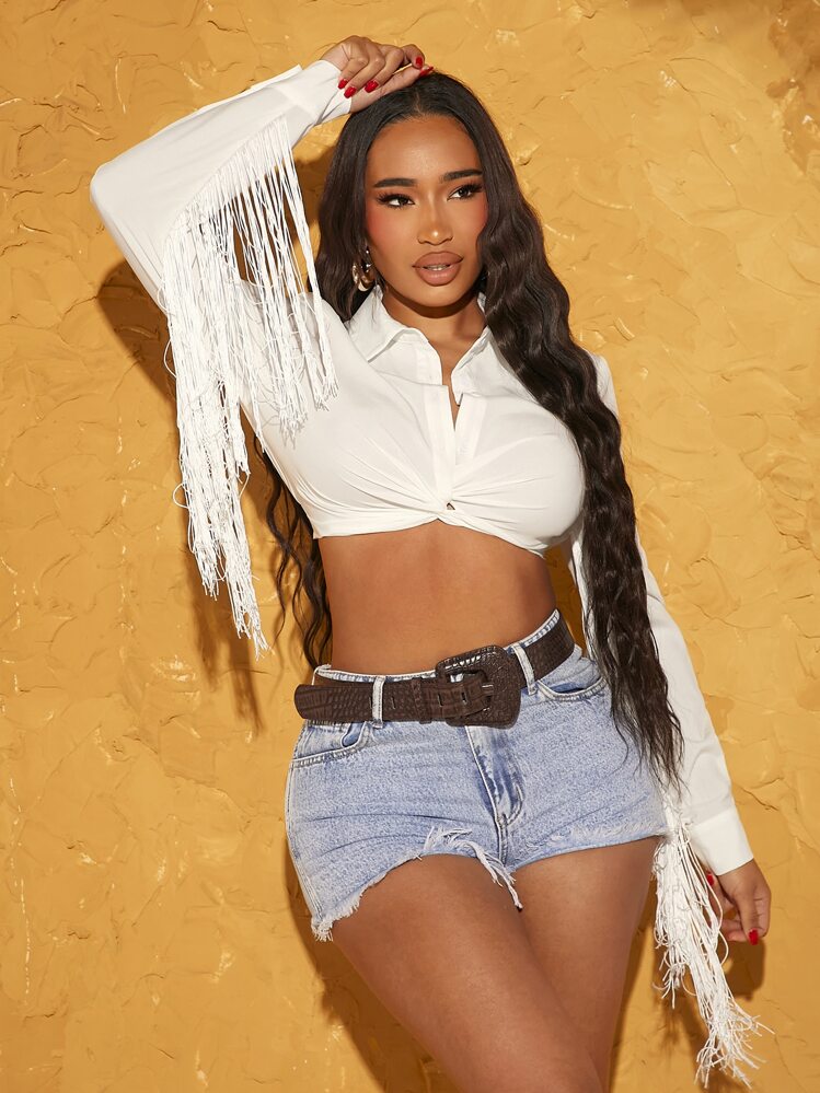SHEIN SXY Twist Front Fringe Trim Crop Blouse,Long Sleeve Tops