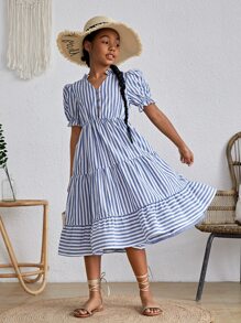 SHEIN Chicas Vestido con estampado de rayas de manga farol bajo con fruncido - Azul y blanco - Ver 1