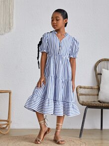 SHEIN Chicas Vestido con estampado de rayas de manga farol bajo con fruncido - Azul y blanco - Ver 5