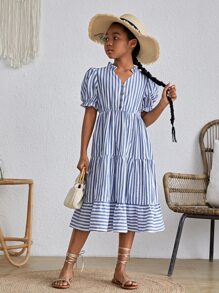 SHEIN Chicas Vestido con estampado de rayas de manga farol bajo con fruncido - Azul y blanco - Ver 6