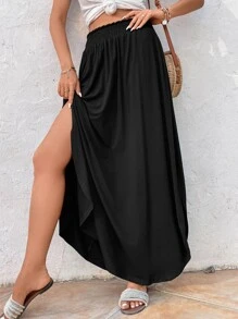 SHEIN LUNE 素色隱藏口袋下擺開叉超長半身裙 - 黑色 - 查看 4