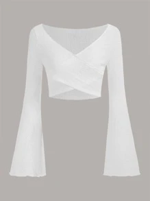 SHEIN EZwear Lettuce Trim Trumpet Sleeve Crossover Crop Top - White - View 1