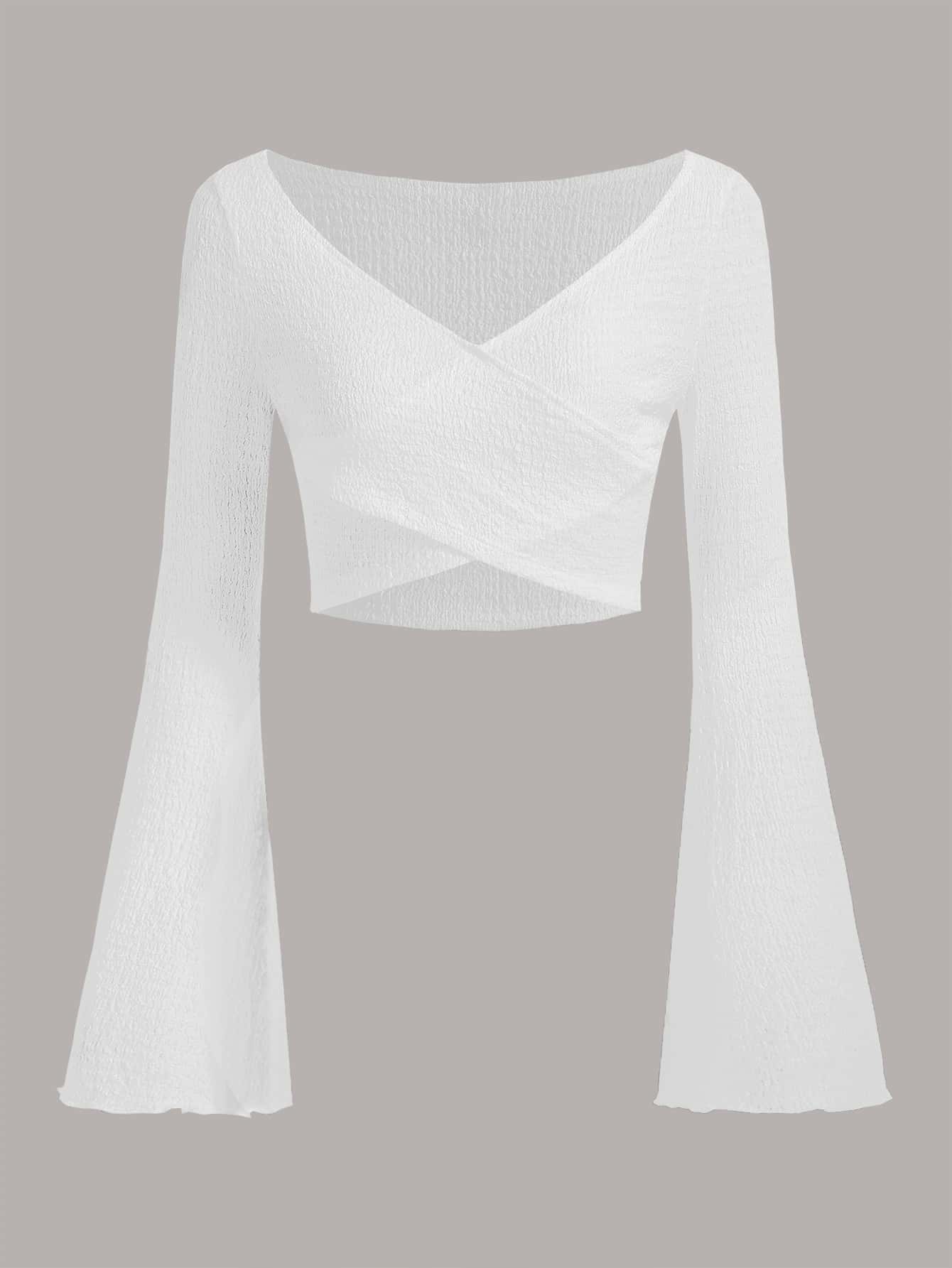 SHEIN EZwear Lettuce Trim Trumpet Sleeve Crossover Crop Top - White - View 1