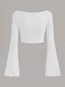 SHEIN EZwear Lettuce Trim Trumpet Sleeve Crossover Crop Top - White - View 2