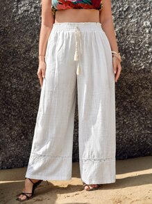 SHEIN VCAY Plus Fringe Detail Wide Leg Trousers - White - View 1