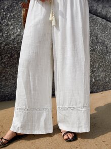 SHEIN VCAY Plus Fringe Detail Wide Leg Trousers - White - View 6