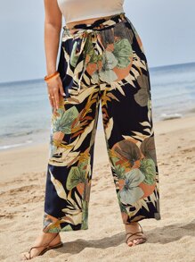 SHEIN VCAY Plus Tropical Print Belted Wide Leg Trousers - Multicolor - View 1