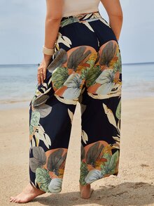 SHEIN VCAY Plus Tropical Print Belted Wide Leg Trousers - Multicolor - View 2