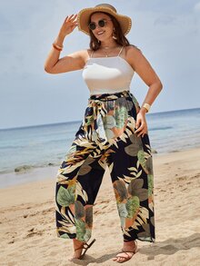 SHEIN VCAY Plus Tropical Print Belted Wide Leg Trousers - Multicolor - View 3