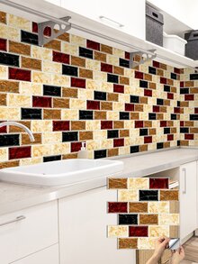 2 piezas/set Adhesivo de renovación de pared para cocina PVC cocina con patrón de ladrillo impermeable - Multicolor - Ver 4