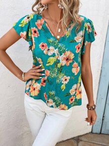 SHEIN VCAY Floral Print Butterfly Sleeve Blouse - Multicolor - View 3