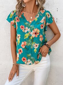 SHEIN VCAY Floral Print Butterfly Sleeve Blouse - Multicolor - View 4