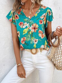 SHEIN VCAY Floral Print Butterfly Sleeve Blouse - Multicolor - View 1