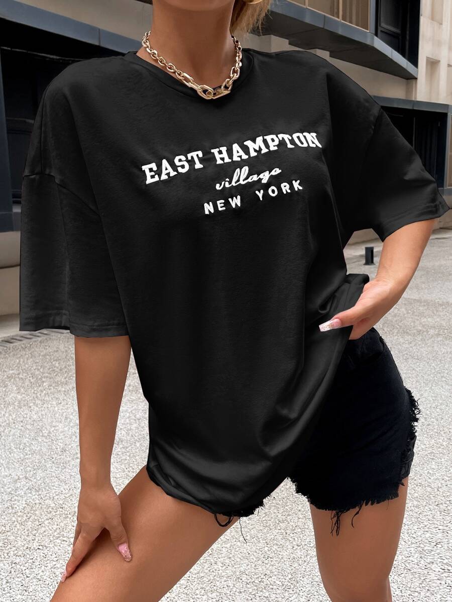SHEIN Unity Drop Shoulder Letter Embroidery Top Graphic Tees Women Tops - Black - View 1