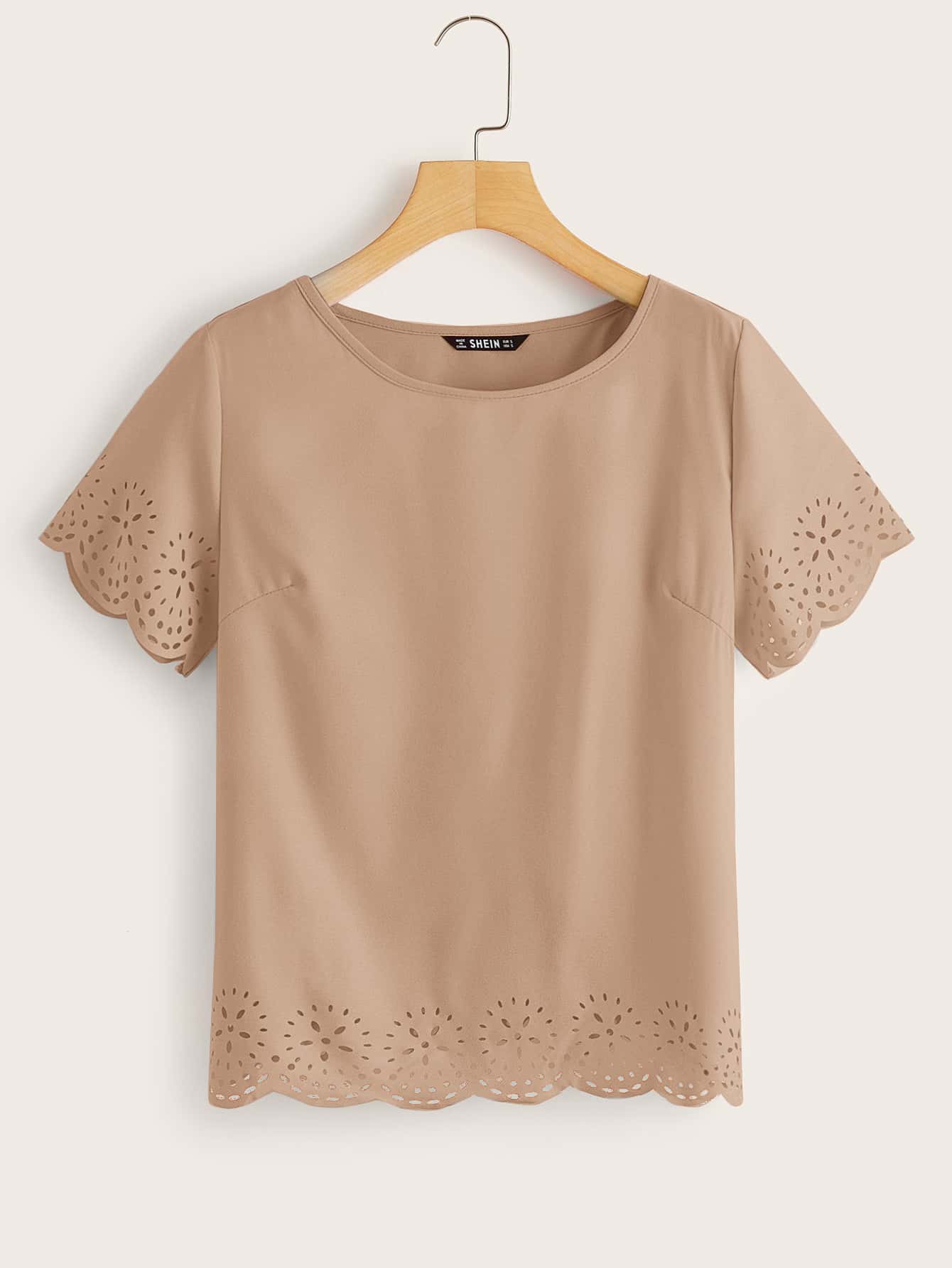 SHEIN LUNE Solid Laser Cut Scalloped Top - Khaki - View 1