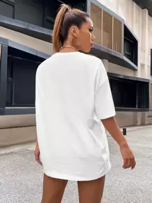 SHEIN Unity 落肩字母刺绣上衣 图案 T 恤 女士上衣 - 白色 - 查看 2