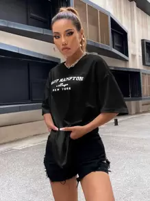 SHEIN Unity Drop Shoulder Letter Embroidery Top Graphic Tees Women Tops - Black - View 3
