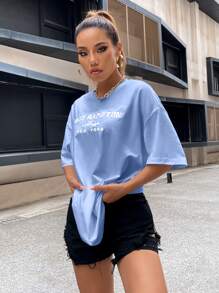 SHEIN MOOSTA Top gráfica para mujer con hombros caídos y bordado de letras - Celeste - Ver 3