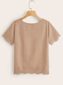 SHEIN LUNE Solid Laser Cut Scalloped Top - Khaki - View 2