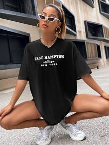 SHEIN Unity Drop Shoulder Letter Embroidery Top Graphic Tees Women Tops - Black - View 5