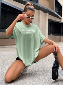 SHEIN Unity Parte superior con gráficos, bordado de letras y hombros caídos para mujer - verde menta - Ver 4