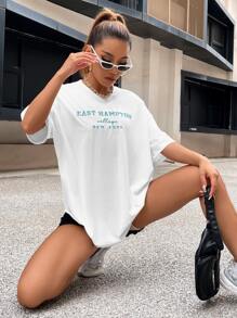 SHEIN Unity 落肩字母刺绣上衣 图案 T 恤 女士上衣 - 白色 - 查看 4