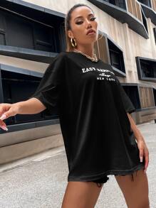 SHEIN Unity Drop Shoulder Letter Embroidery Top Graphic Tees Women Tops - Black - View 6