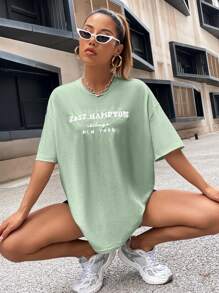 SHEIN Unity Parte superior con gráficos, bordado de letras y hombros caídos para mujer - verde menta - Ver 5