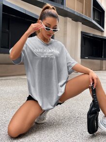 SHEIN Unity 落肩字母刺绣上衣 图案 T 恤 女士上衣 - 淺灰色 - 查看 4