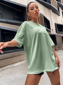 SHEIN Unity Parte superior con gráficos, bordado de letras y hombros caídos para mujer - verde menta - Ver 6