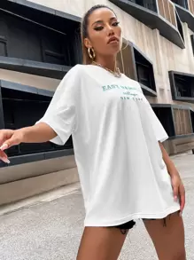 SHEIN Unity 落肩字母刺绣上衣 图案 T 恤 女士上衣 - 白色 - 查看 6