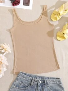 INAWLY Solid Ribbed Knit Tank Top - Khaki - View 3