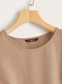 SHEIN LUNE Solid Laser Cut Scalloped Top - Khaki - View 4
