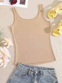 INAWLY Solid Ribbed Knit Tank Top - Khaki - View 4