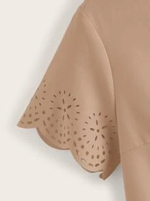 SHEIN LUNE Solid Laser Cut Scalloped Top - Khaki - View 5
