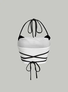 SHEIN MOD Butterfly Print Tie Backless Halter Top - Black and White - View 2