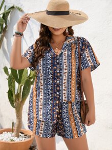 SHEIN Holidaya Plus Geo Print Blouse & Shorts - Multicolor - View 1