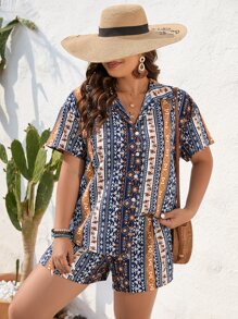 SHEIN Holidaya Plus Geo Print Blouse & Shorts - Multicolor - View 5