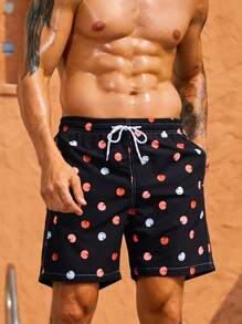 Manfinity Hombres Shorts de natación con estampado de fruta de cintura con cordón - Negro - Ver 1