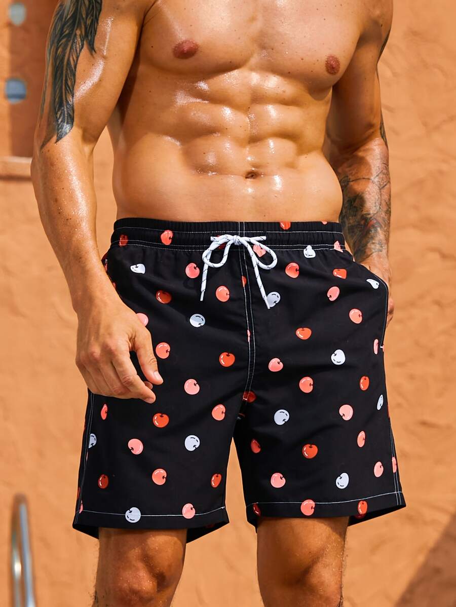 Manfinity Hombres Shorts de natación con estampado de fruta de cintura con cordón - Negro - Ver 1