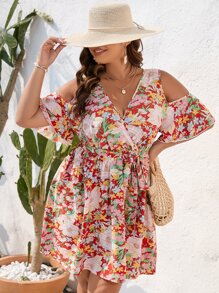 SHEIN Holidaya Đầm Plus Size Thắt lưng Cắt ra Trọn gói Hoa Tất cả trên in Boho - Nhiều màu - Xem 6