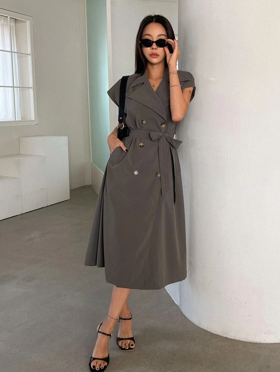 DAZY 雙排釦腰帶背心風衣外套 - 咖啡棕 - 查看 1