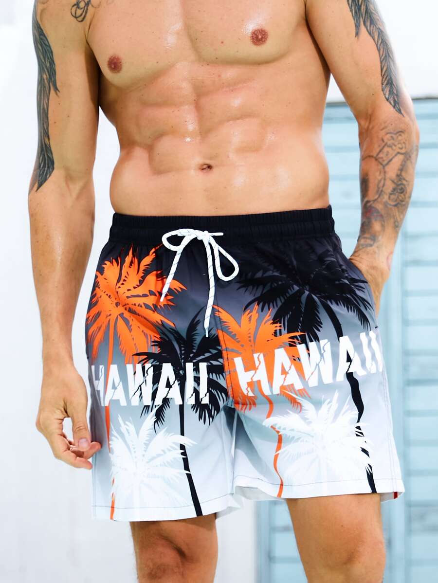 Manfinity Hombres Shorts de natación con estampado de árbol de coco y letra de cintura con cordón - Multicolor - Ver 1