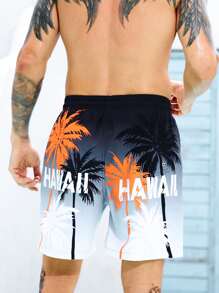 Manfinity Hombres Shorts de natación con estampado de árbol de coco y letra de cintura con cordón - Multicolor - Ver 2