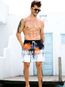 Manfinity Hombres Shorts de natación con estampado de árbol de coco y letra de cintura con cordón - Multicolor - Ver 3