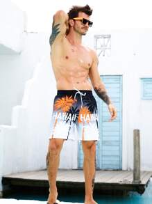 Manfinity Hombres Shorts de natación con estampado de árbol de coco y letra de cintura con cordón - Multicolor - Ver 4