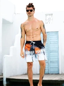 Manfinity Hombres Shorts de natación con estampado de árbol de coco y letra de cintura con cordón - Multicolor - Ver 5