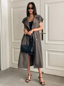 DAZY 雙排釦腰帶背心風衣外套 - 咖啡棕 - 查看 6